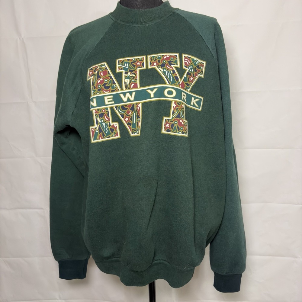 Vintage 90s New York NY Oversized Sweatshirt Green Graphic Crewneck Pullover
